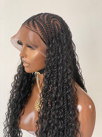 Bohemian Lemonade Cornrow Wig (Full Lace Cap Base, Water Wave Curls, Black Color)