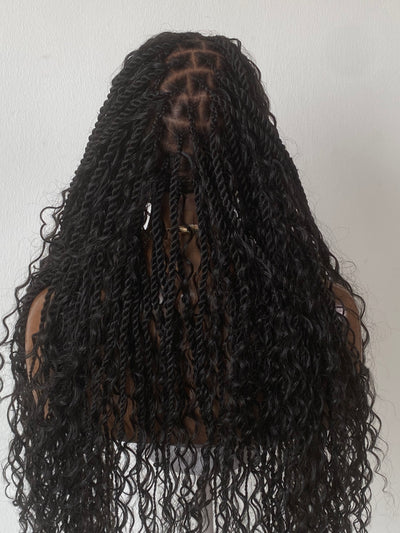Bohemian Lemonade Cornrow Wig (Full Lace Cap Base, Water Wave Curls, Black Color)