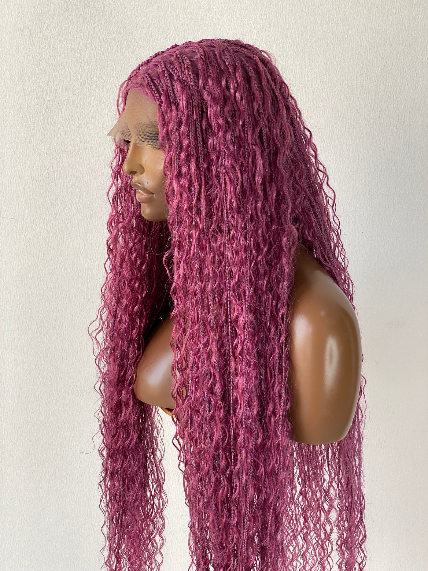 Bohemian Knotless Braid Wig, Pink Color (100% Human Hair Curls) Full lace - Tara