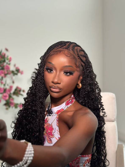 Bohemian Lemonade Cornrow Wig (Full Lace Cap Base, Water Wave Curls, Black Color)