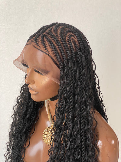 Bohemian Lemonade Cornrow Wig (Full Lace Cap Base, Water Wave Curls, Black Color)