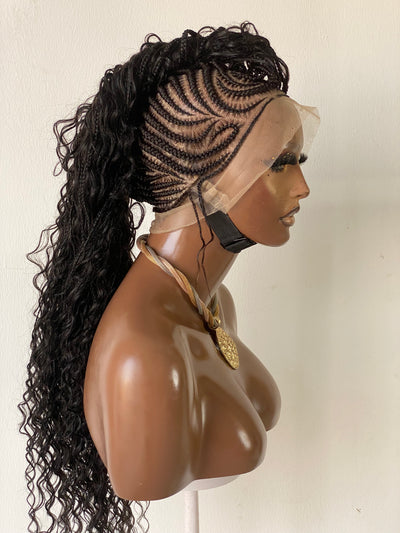 Bohemian Cornrow Mohawk Style (Black Color, Waist Length, Swiss Full Lace)