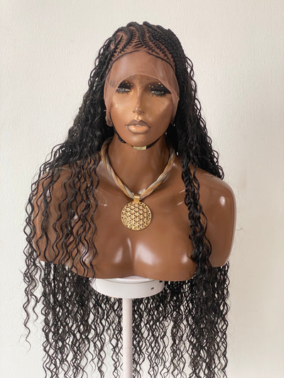 Bohemian Lemonade Cornrow Wig (Full Lace Cap Base, Water Wave Curls, Black Color)