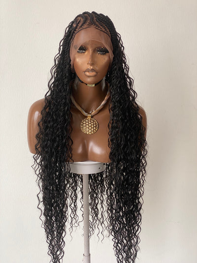 Bohemian Lemonade Cornrow Wig (Full Lace Cap Base, Water Wave Curls, Black Color)