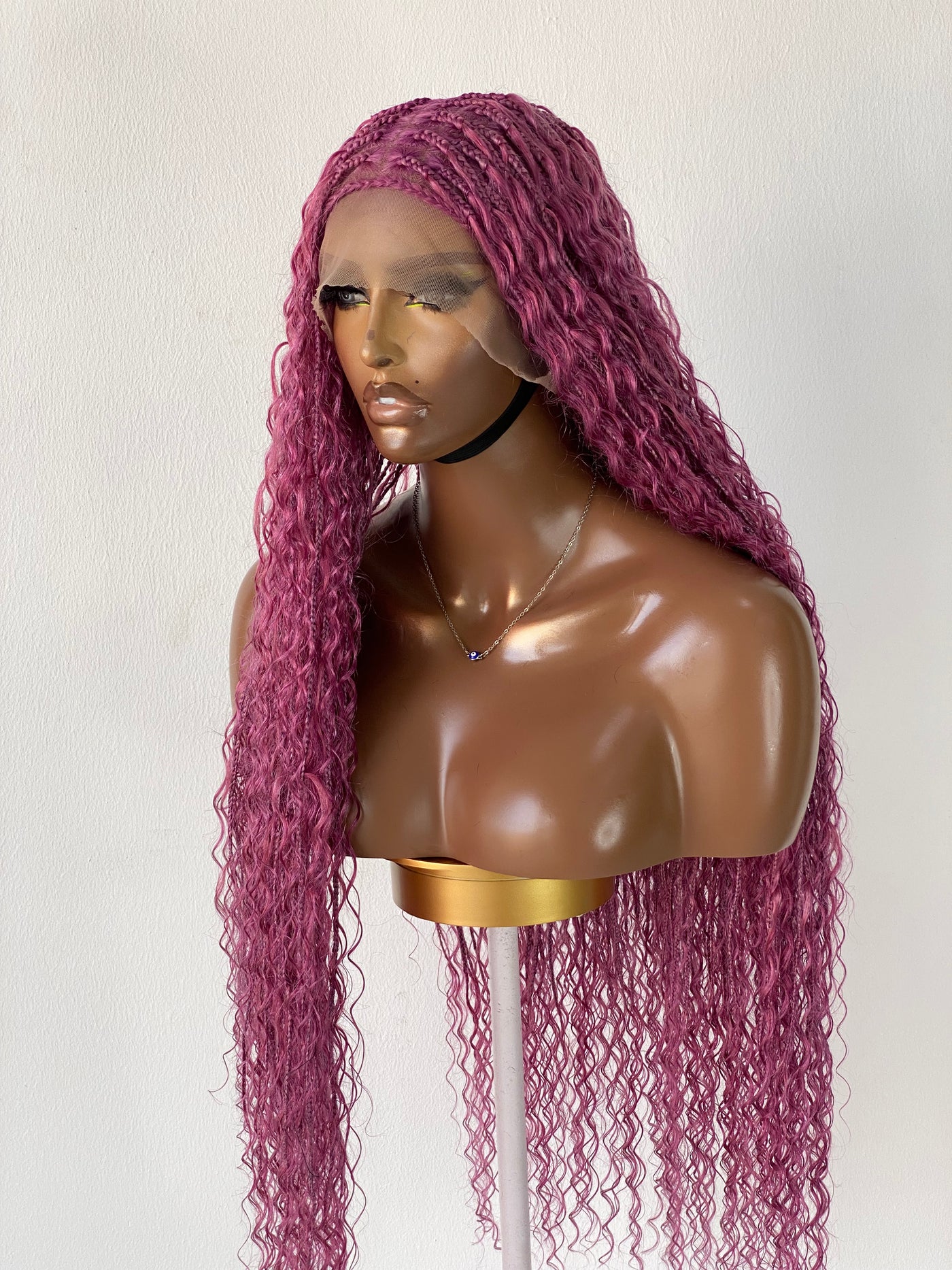 Bohemian Knotless Braid Wig, Pink Color (100% Human Hair Curls) Full lace - Tara