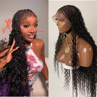 Bohemian Lemonade Cornrow Wig (Full Lace Cap Base, Water Wave Curls, Black Color)