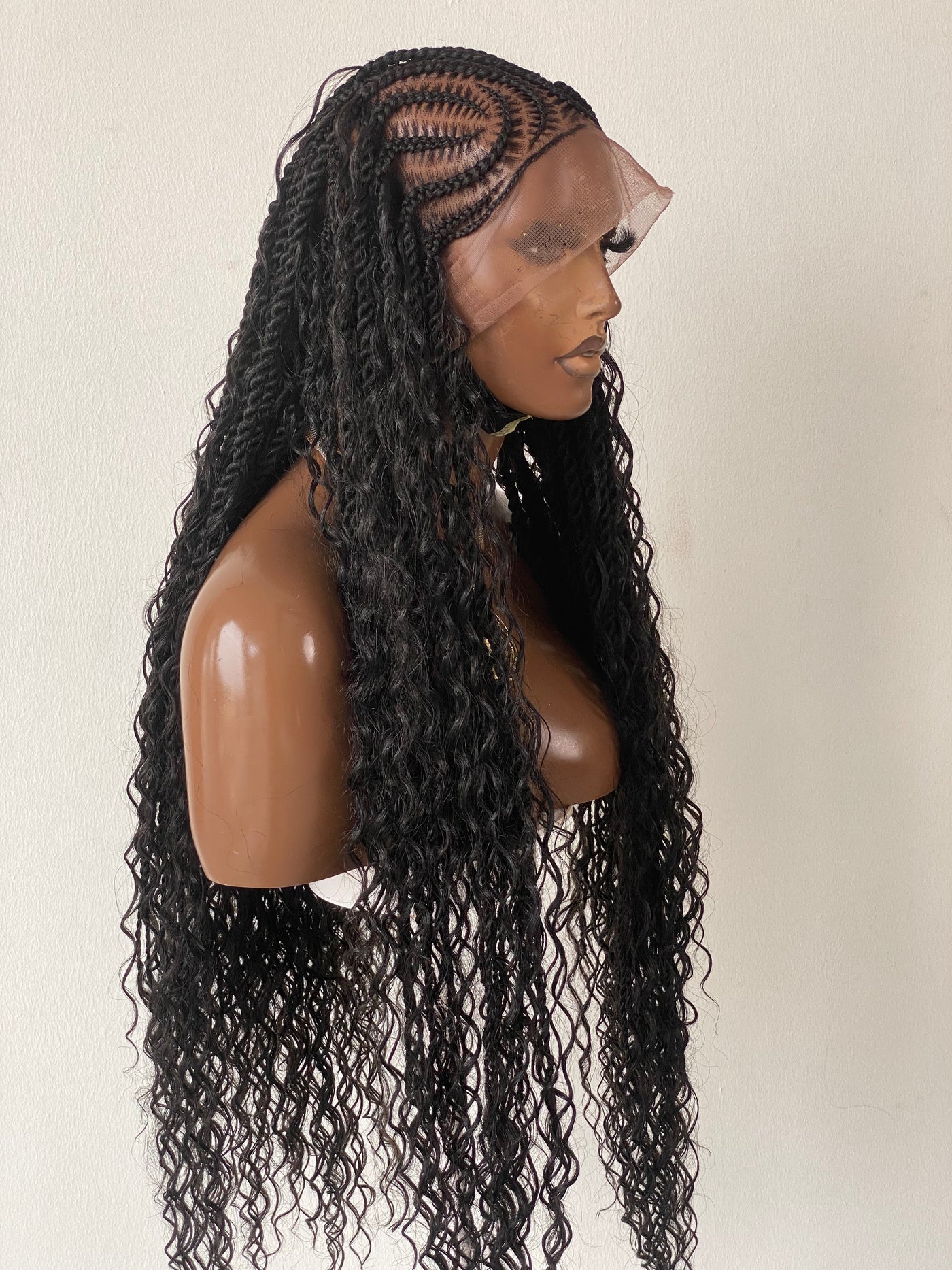 Bohemian Lemonade Cornrow Wig (Full Lace Cap Base, Water Wave Curls, Black Color)