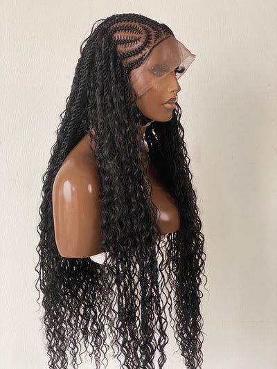 Bohemian Lemonade Cornrow Wig (Full Lace Cap Base, Water Wave Curls, Black Color)