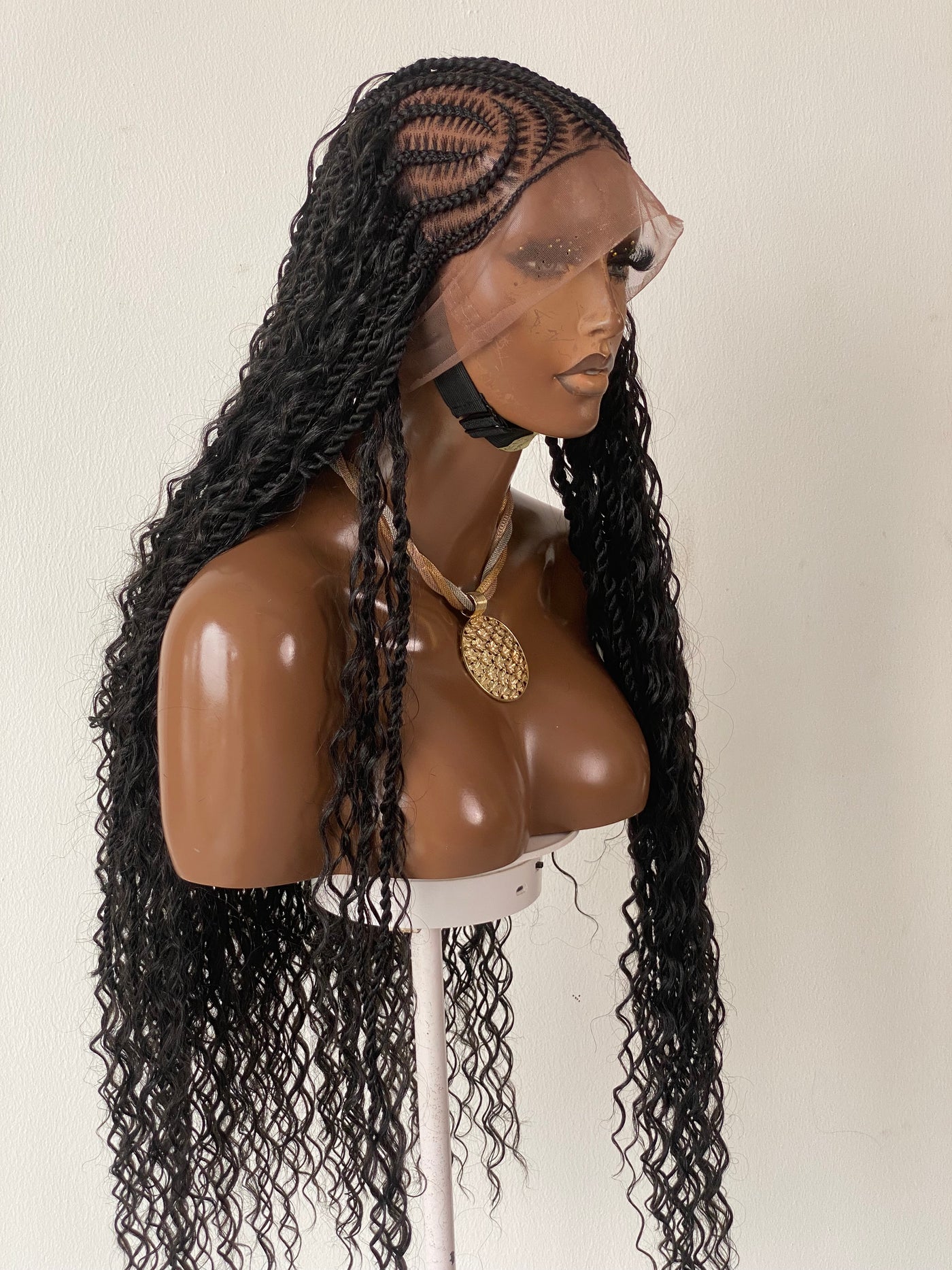Bohemian Lemonade Cornrow Wig (Full Lace Cap Base, Water Wave Curls, Black Color)