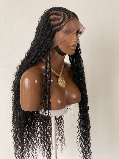 Bohemian Lemonade Cornrow Wig (Full Lace Cap Base, Water Wave Curls, Black Color)