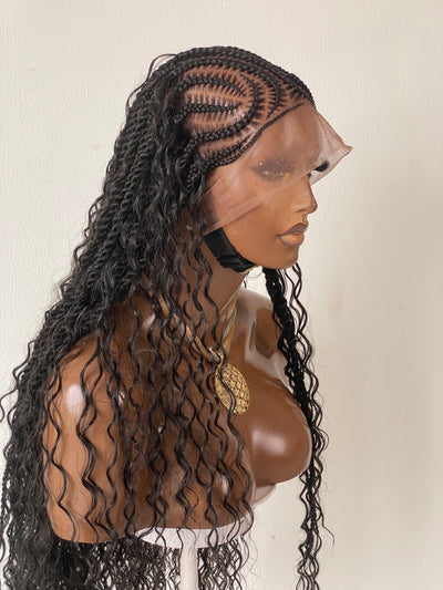 Bohemian Lemonade Cornrow Wig (Full Lace Cap Base, Water Wave Curls, Black Color)