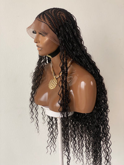 Bohemian Lemonade Cornrow Wig (Full Lace Cap Base, Water Wave Curls, Black Color)