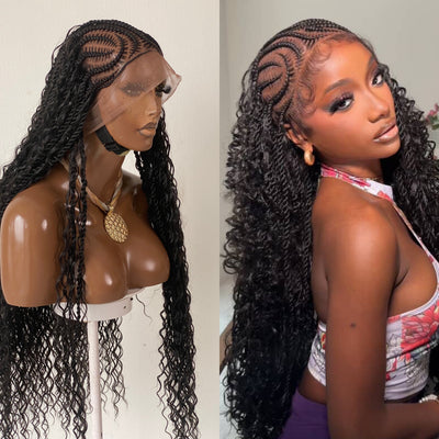 Bohemian Lemonade Cornrow Wig (Full Lace Cap Base, Water Wave Curls, Black Color)