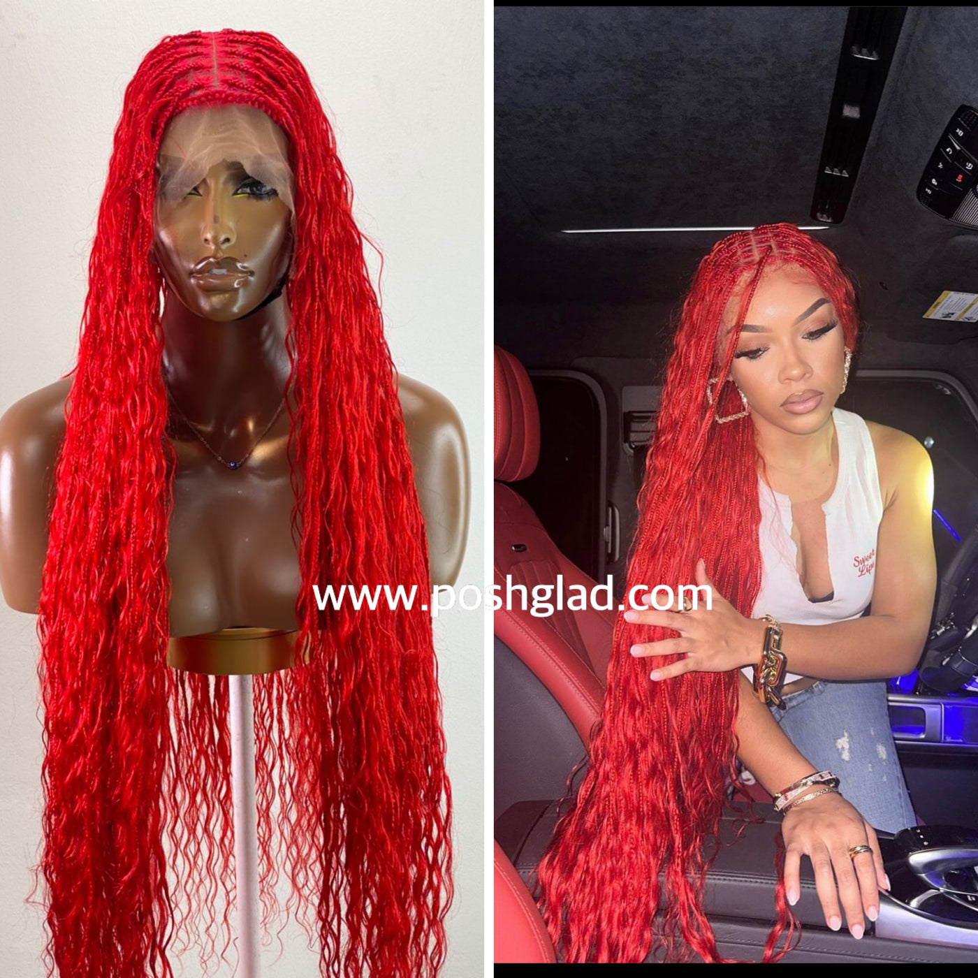 Bohemian Knotless - TARA RED (100% Human Hair) Poshglad Braided Wigs Bohemian Knotless Braid Wig