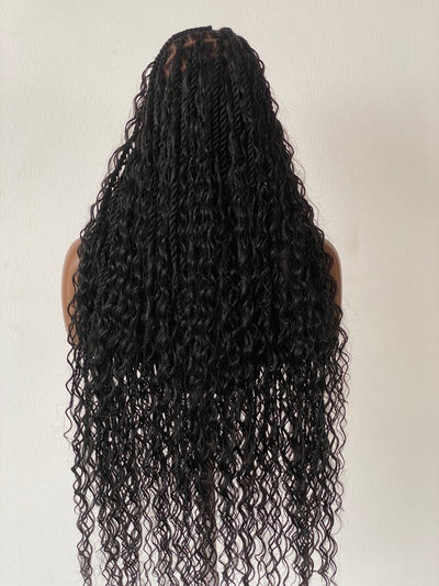 Bohemian Lemonade Cornrow Wig (Full Lace Cap Base, Water Wave Curls, Black Color)