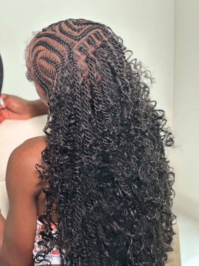 Bohemian Lemonade Cornrow Wig (Full Lace Cap Base, Water Wave Curls, Black Color)