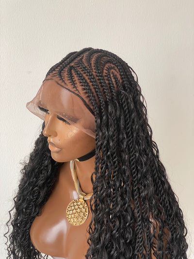 Bohemian Lemonade Cornrow Wig (Full Lace Cap Base, Water Wave Curls, Black Color)