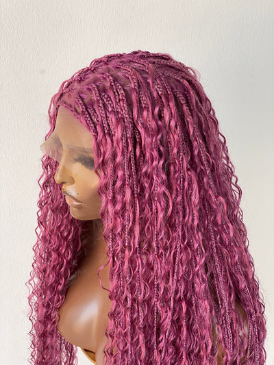 Bohemian Knotless Braid Wig, Pink Color (100% Human Hair Curls) Full lace - Tara