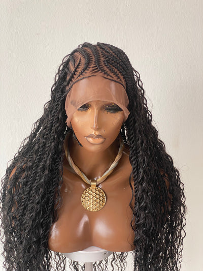 Bohemian Lemonade Cornrow Wig (Full Lace Cap Base, Water Wave Curls, Black Color)