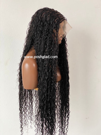 Bohemian Knotless Wig "HD Full Lace" (100% Human Hair) Color 1B - TARA Poshglad Braided Wigs Boho Knotless Braid Wig