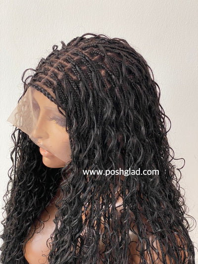 Bohemian Knotless Wig "HD Full Lace" (100% Human Hair) Color 1B - TARA Poshglad Braided Wigs Boho Knotless Braid Wig