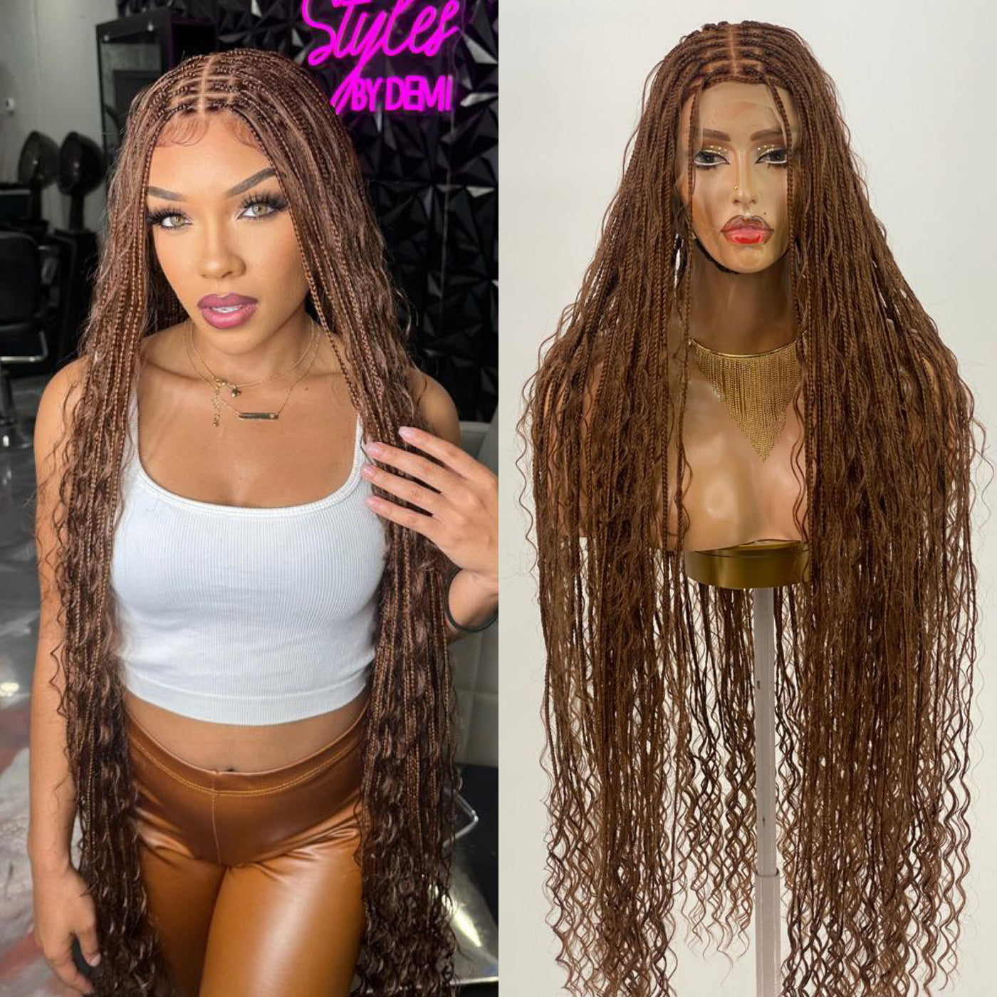 Full Lace Box Braided Wig Synthetic Ombre Brown Long Straight Knotless  Braid Wig