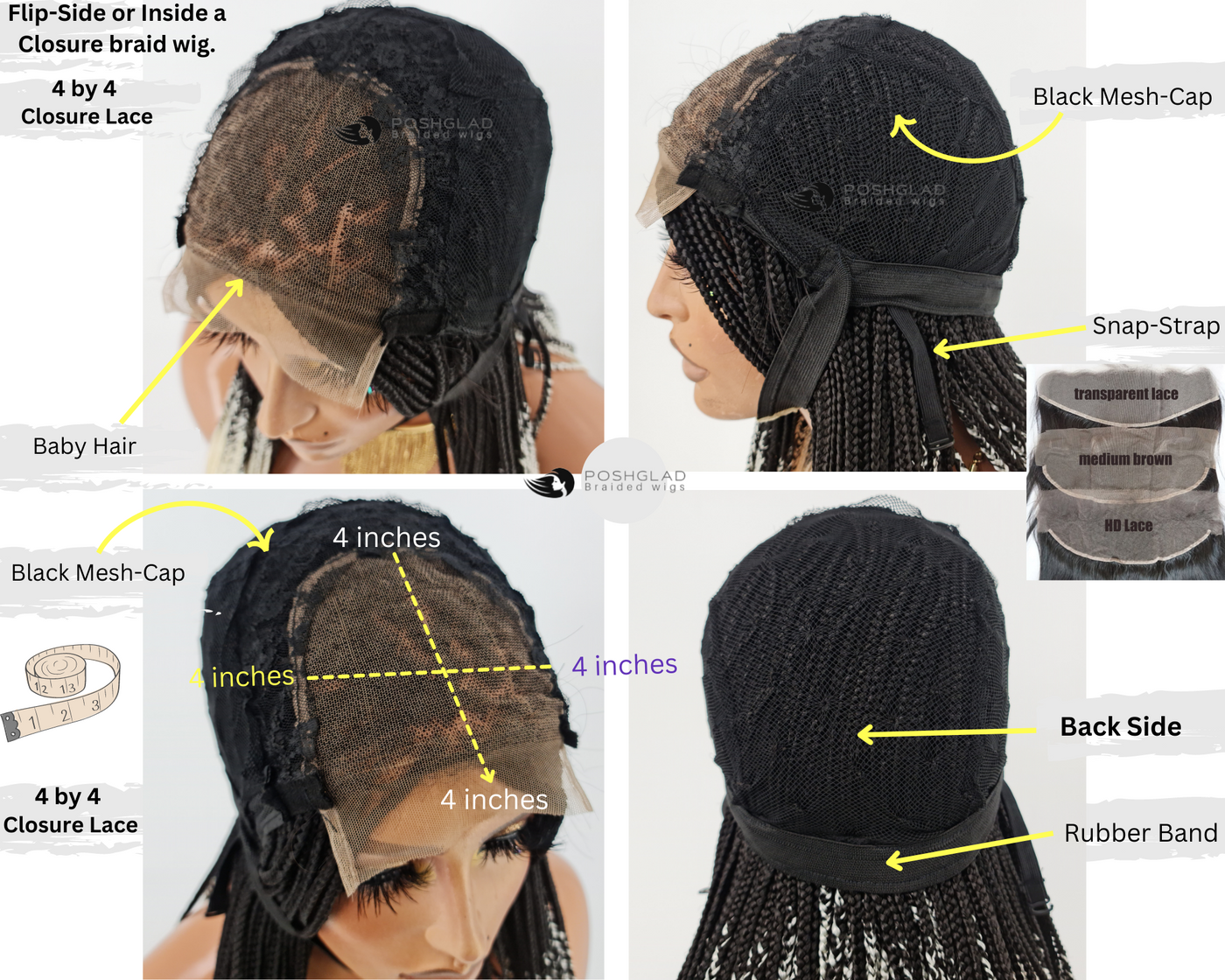Cornrow Braid Wig "4 by 4 Closure" Mid back Length (Dorra) Poshglad Braided Wigs Cornrow Braid Wig