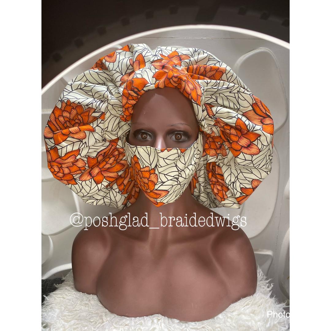 Fabric Made Hair Bonnet & Nose Mask - Orange Poshglad Braided Wigs Braided Wig Hair Bonnet