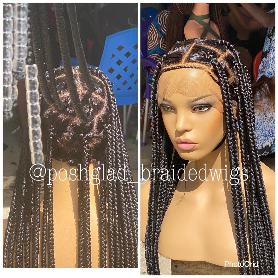 Large Knotless Braid Wig With Beads "Swiss Full Lace" (Ready To Ship) Poshglad Braided Wigs Knotless braid wig