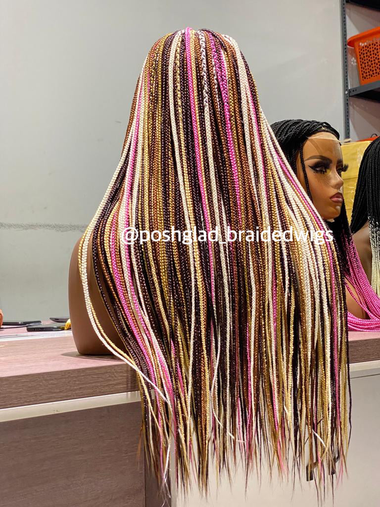 4 by 4 Closure Lace Mixed Colored Box Braid Wig (Ready-To-Ship) Poshglad Braided Wigs Box Braid Wigs